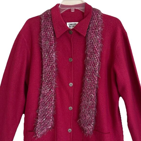Chicos Boiled Wool Cardigan Jacket Womens 2 L Magenta Button Up w/Eyelash Scarf - Picture 2 of 14
